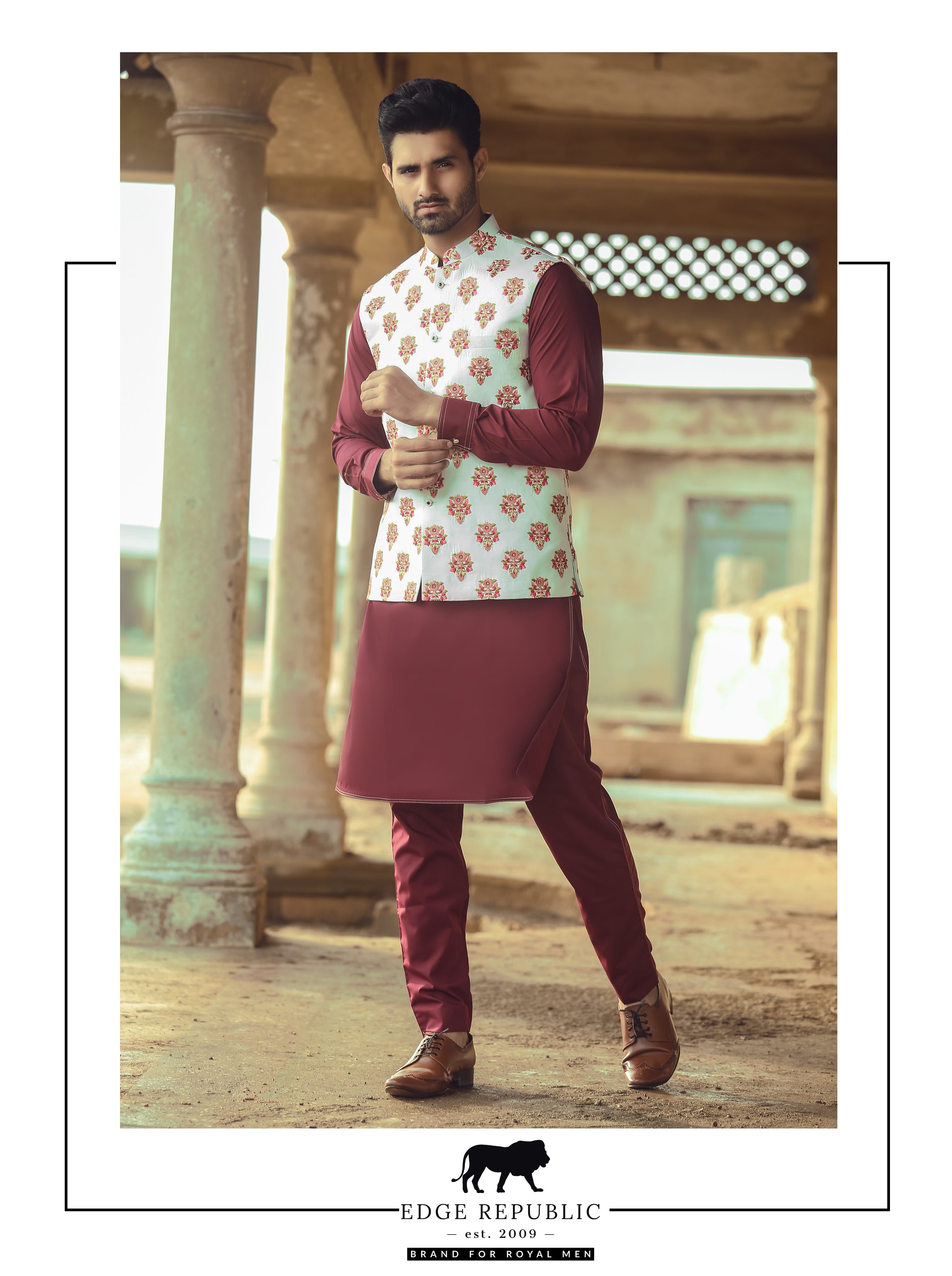 Maroon Cotton-Silk Waistcoat Kurta Set (3-Piece) - Image 1