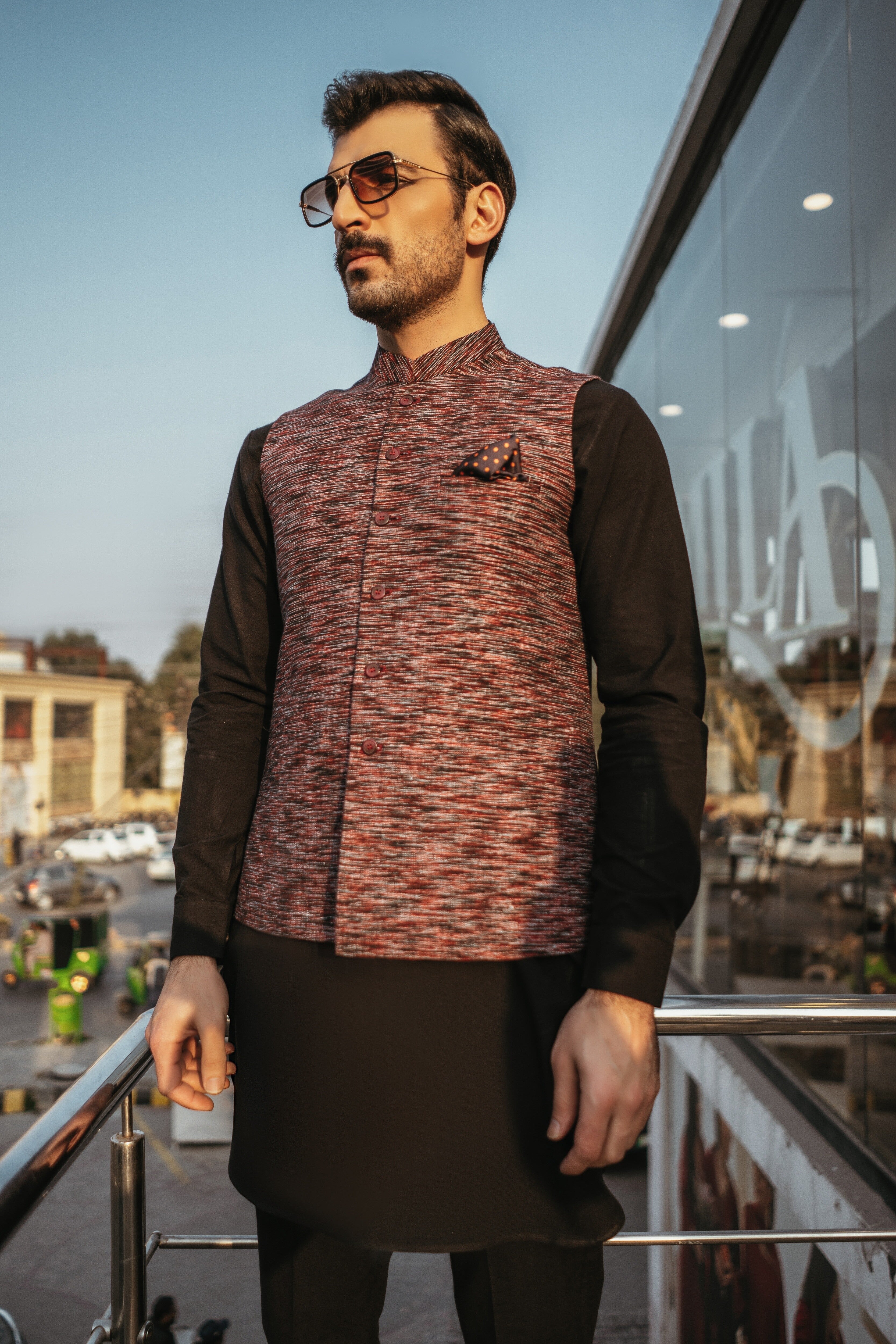 Maroon Handloom Waistcoat with Mandarin Collar (2-Piece) - Image 1