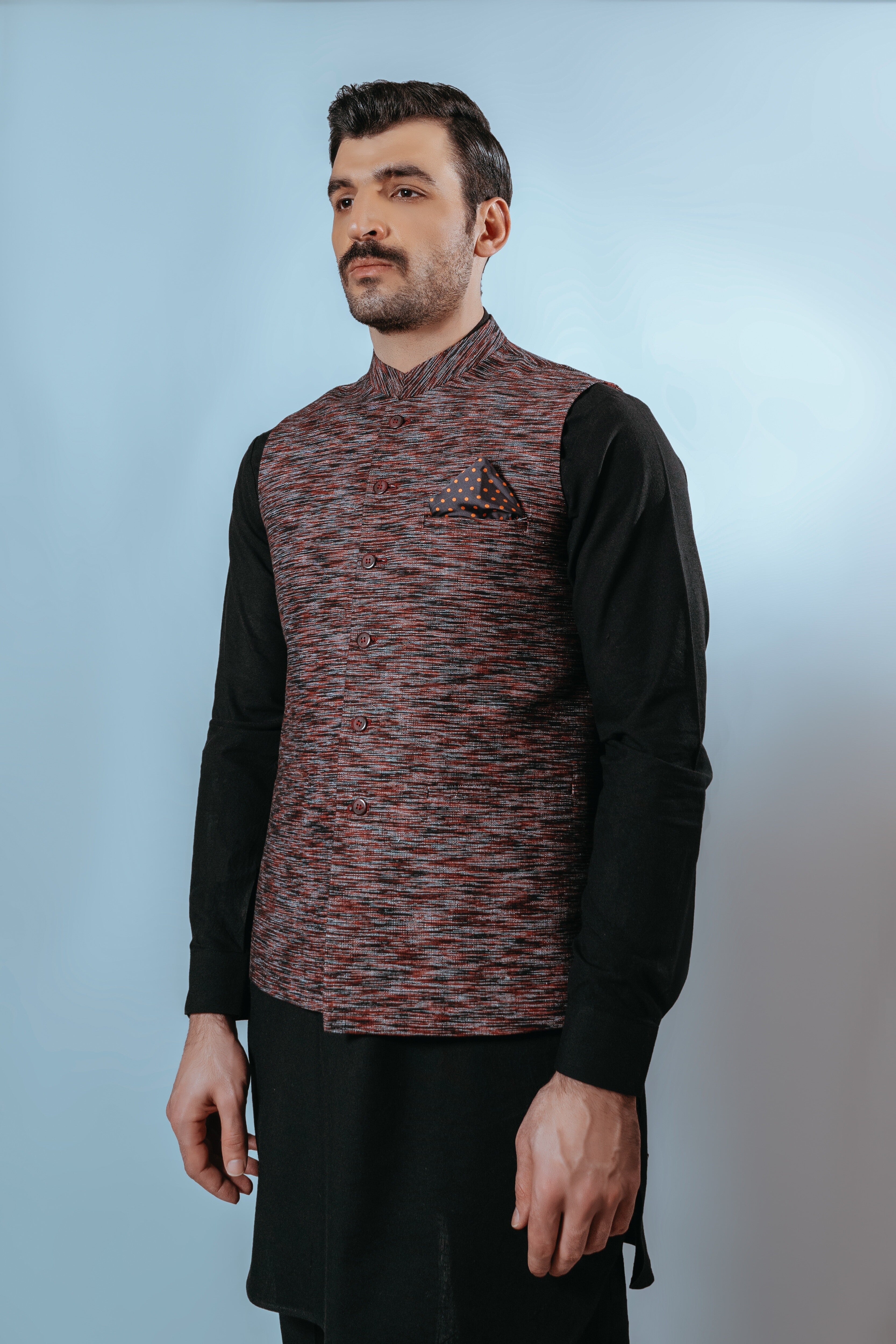 Maroon Handloom Waistcoat with Mandarin Collar (2-Piece) - Image 2