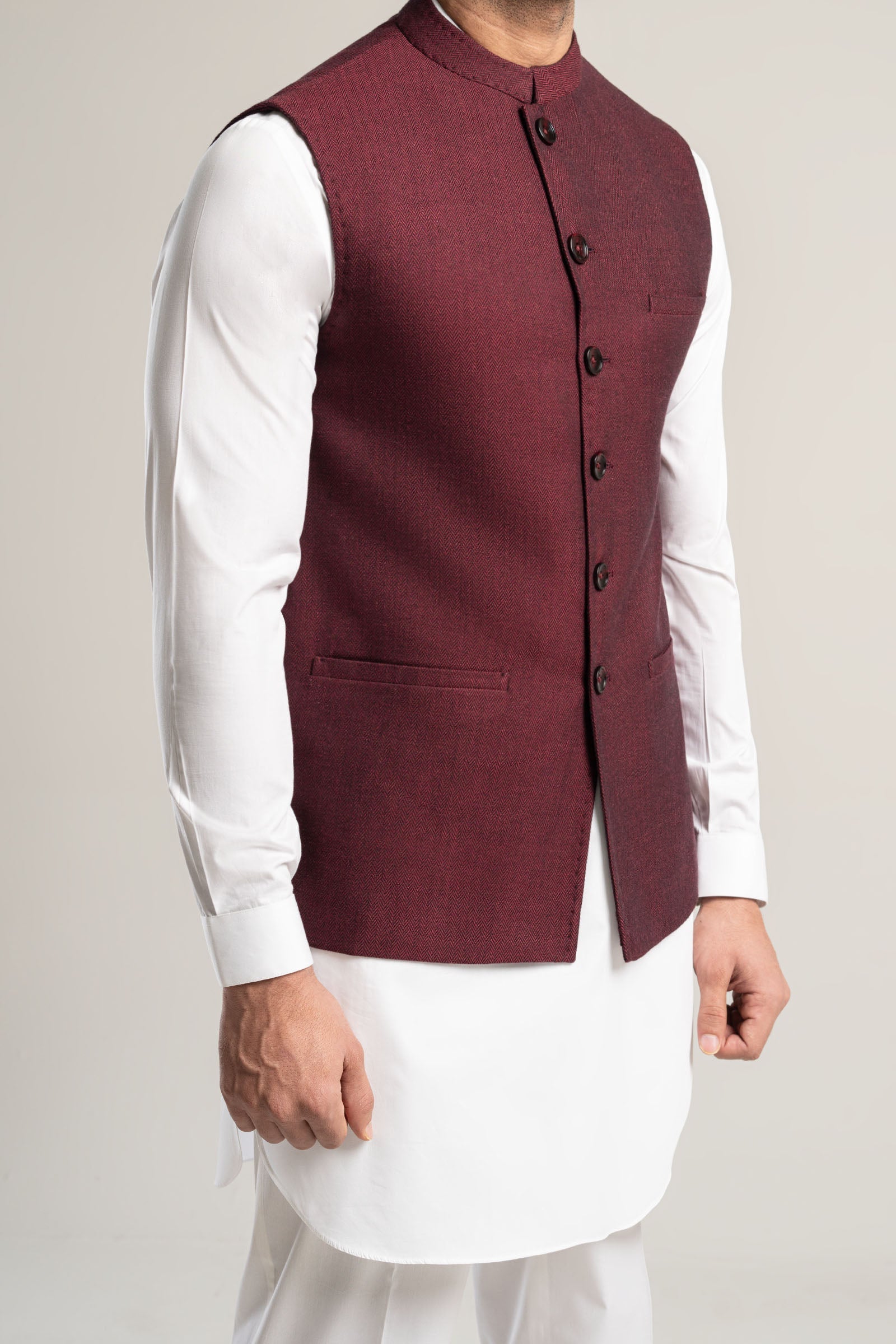 Maroon Handloomed Waistcoat Kurta Set (3-Piece) - Image 1