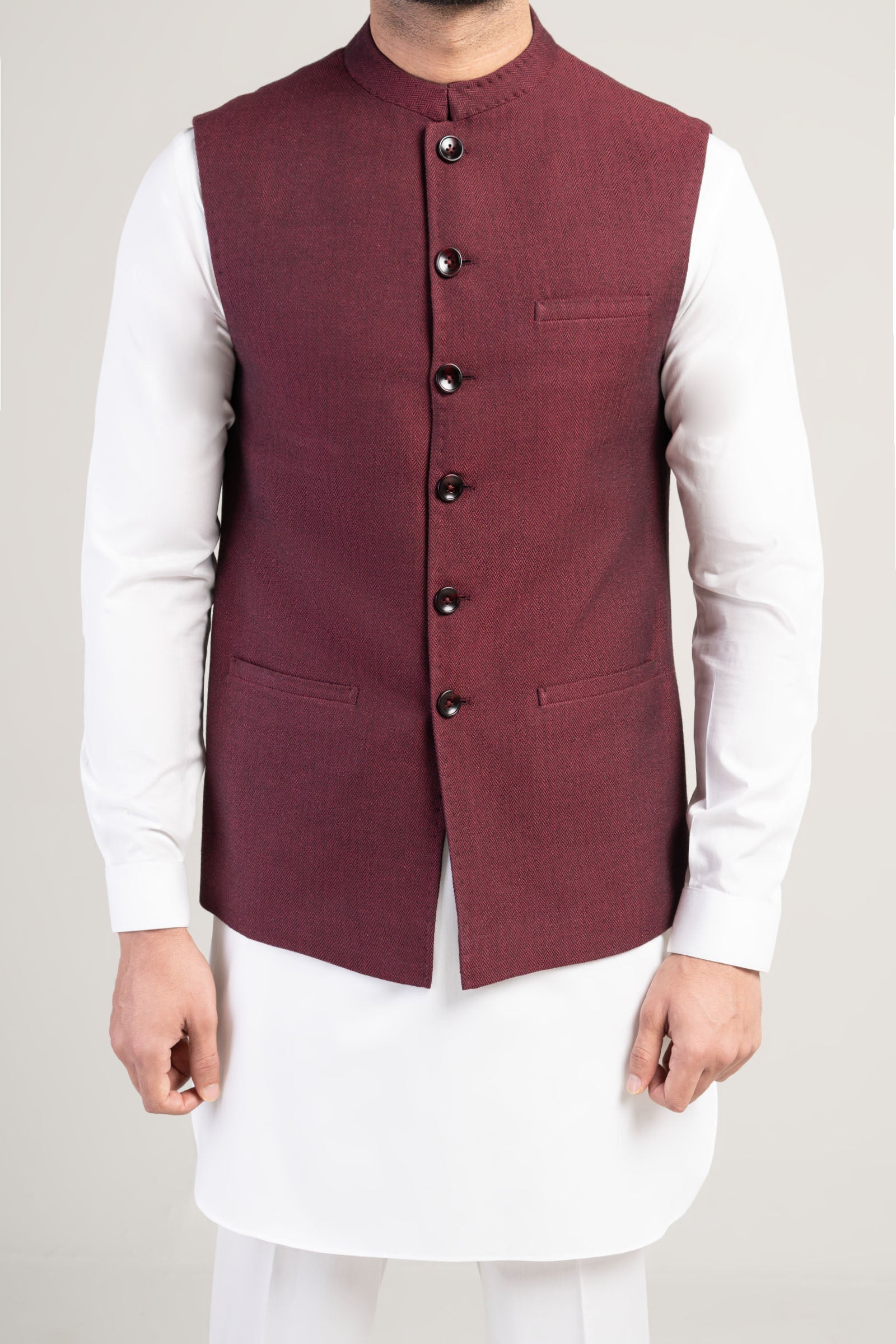Maroon Handloomed Waistcoat Kurta Set (3-Piece) - Image 2
