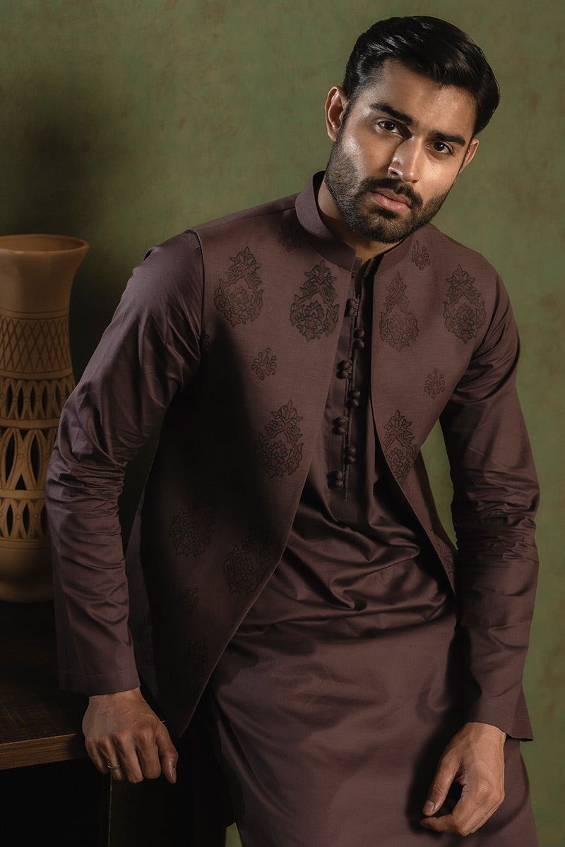 Maroon Jacquard Waistcoat Kurta Set (3-Piece) - Image 1