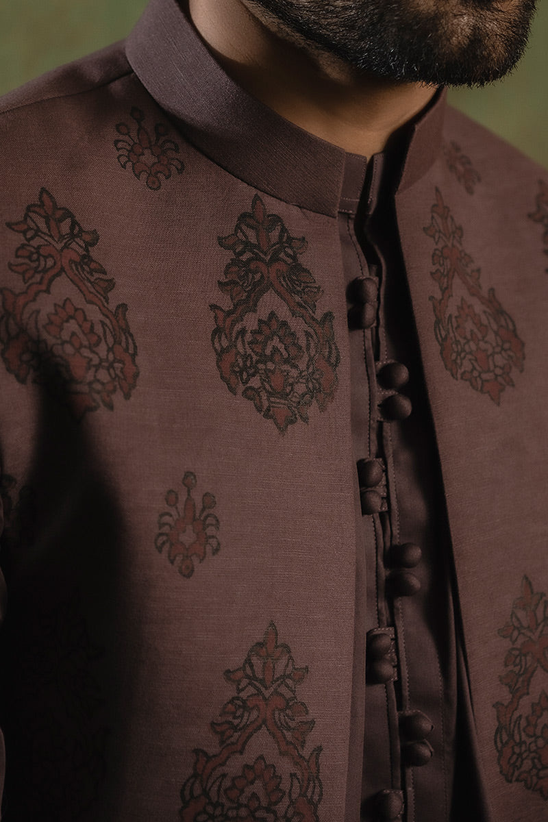 Maroon Jacquard Waistcoat Kurta Set (3-Piece) - Image 3