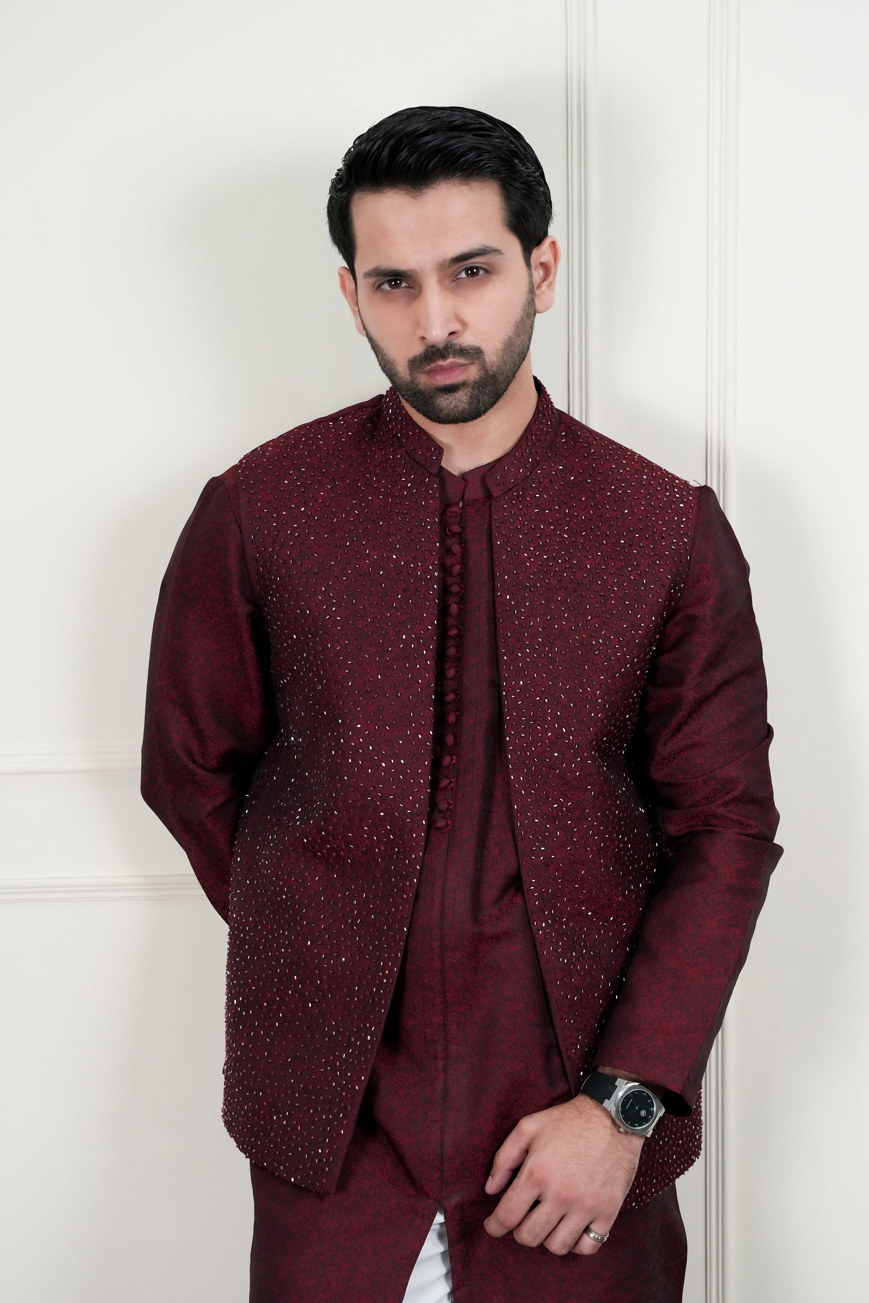 Dark Maroon Cutdana Jamawar Waistcoat Kurta (3-Piece) - Image 5