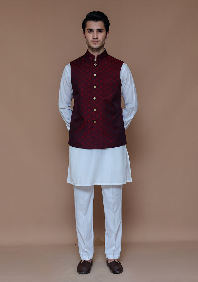 Maroon Woven Jamawar Waistcoat (3-Piece) - Image 1
