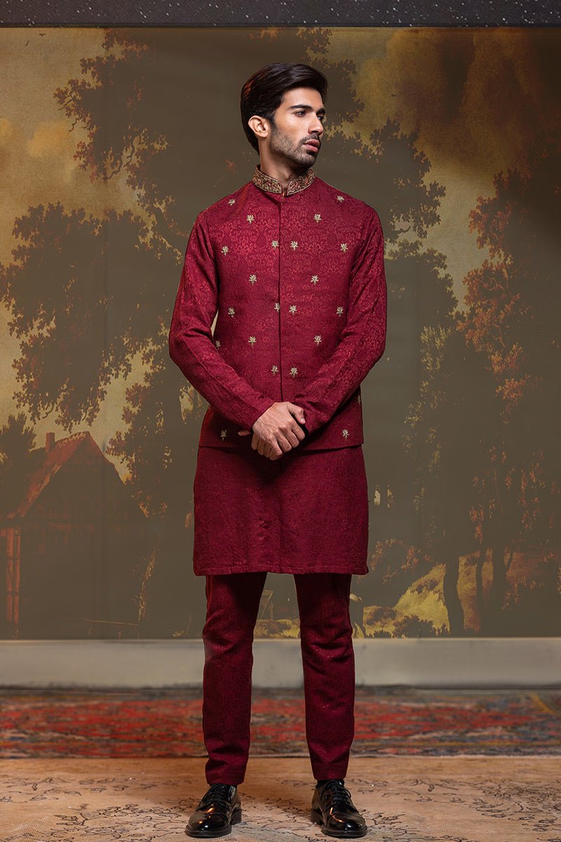Maroon Zardozi Resham Silk Jamawar Waistcoat Kurta (3-Piece) - Image 2