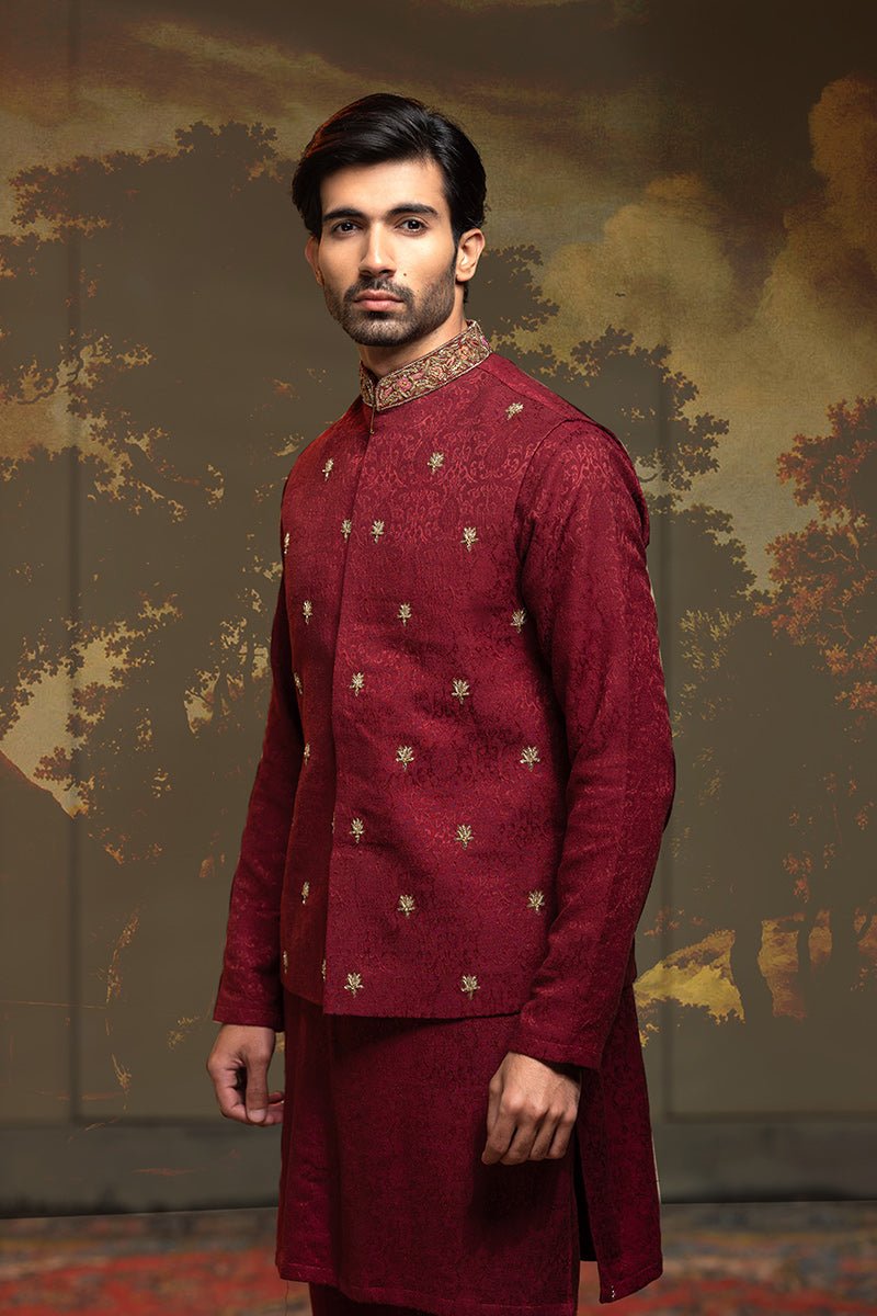 Maroon Zardozi Resham Silk Jamawar Waistcoat Kurta (3-Piece) - Image 3
