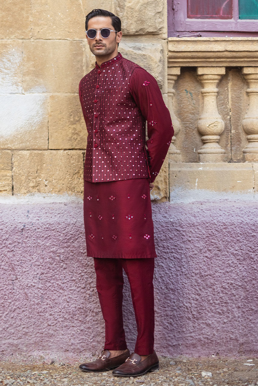 Maroon Mirror Work Khaddi Silk Waistcoat Kurta (3-Piece) - Image 2