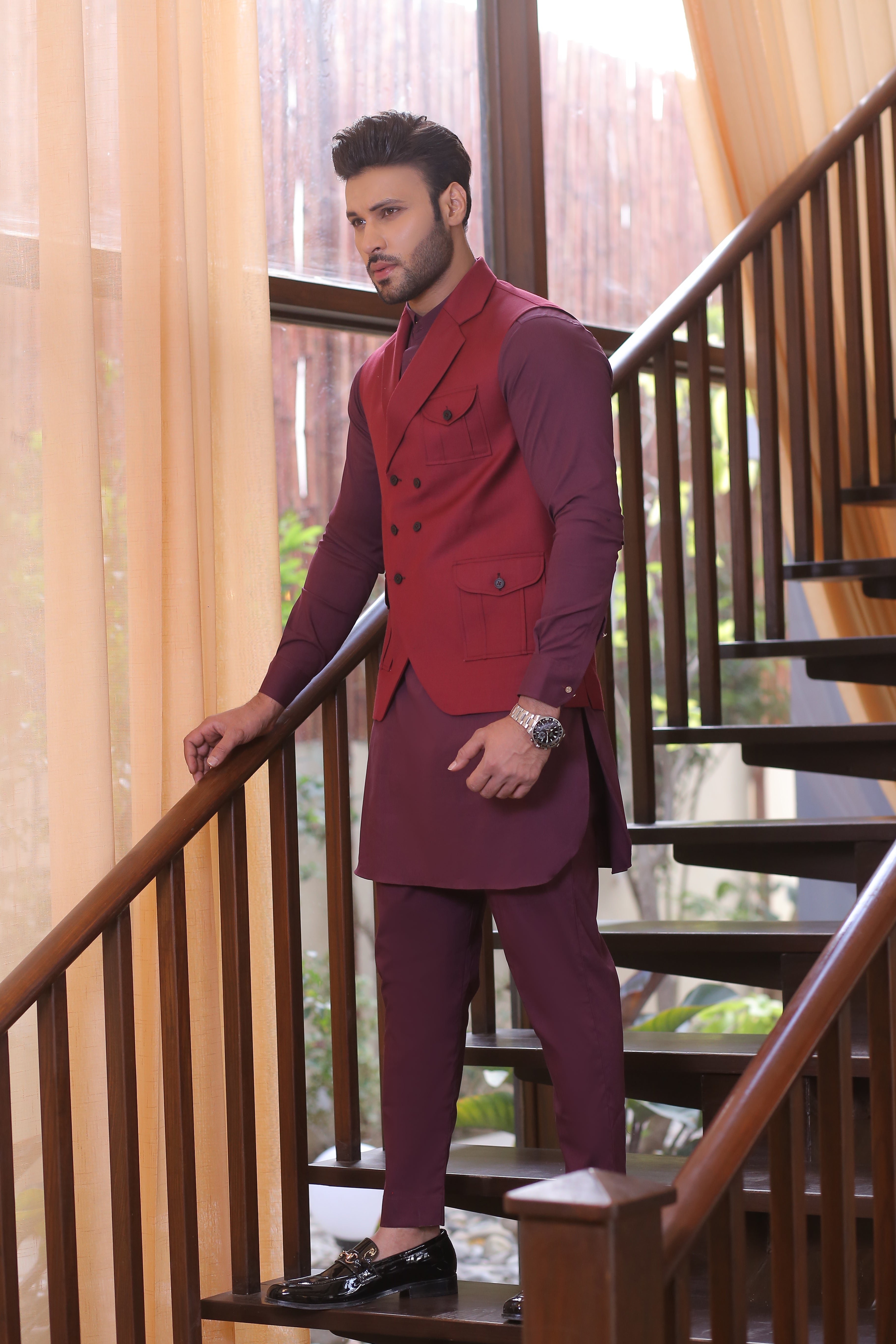 Maroon Tailored Waistcoat Kurta Pajama (3-Piece) - Image 1