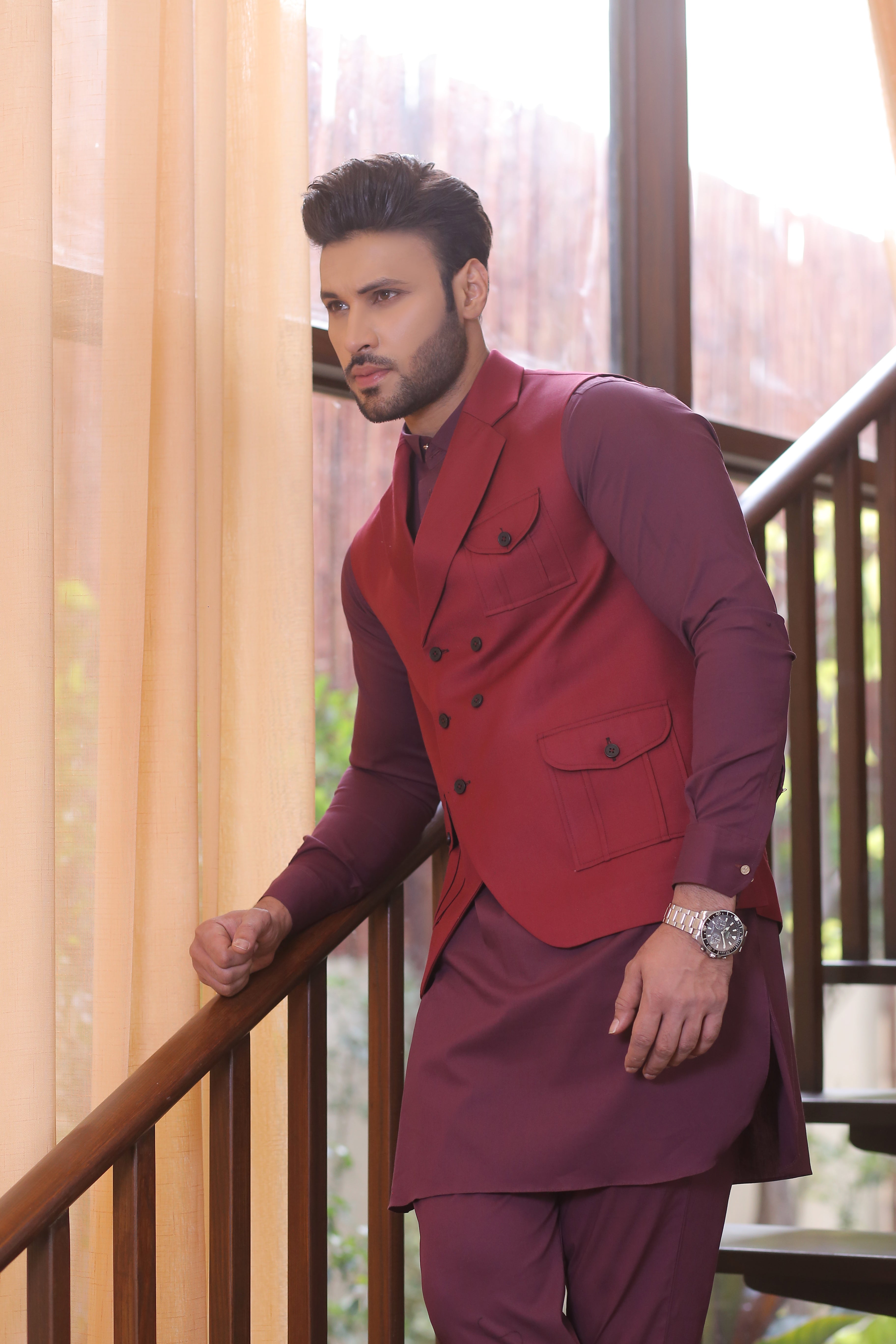 Maroon Tailored Waistcoat Kurta Pajama (3-Piece) - Image 2