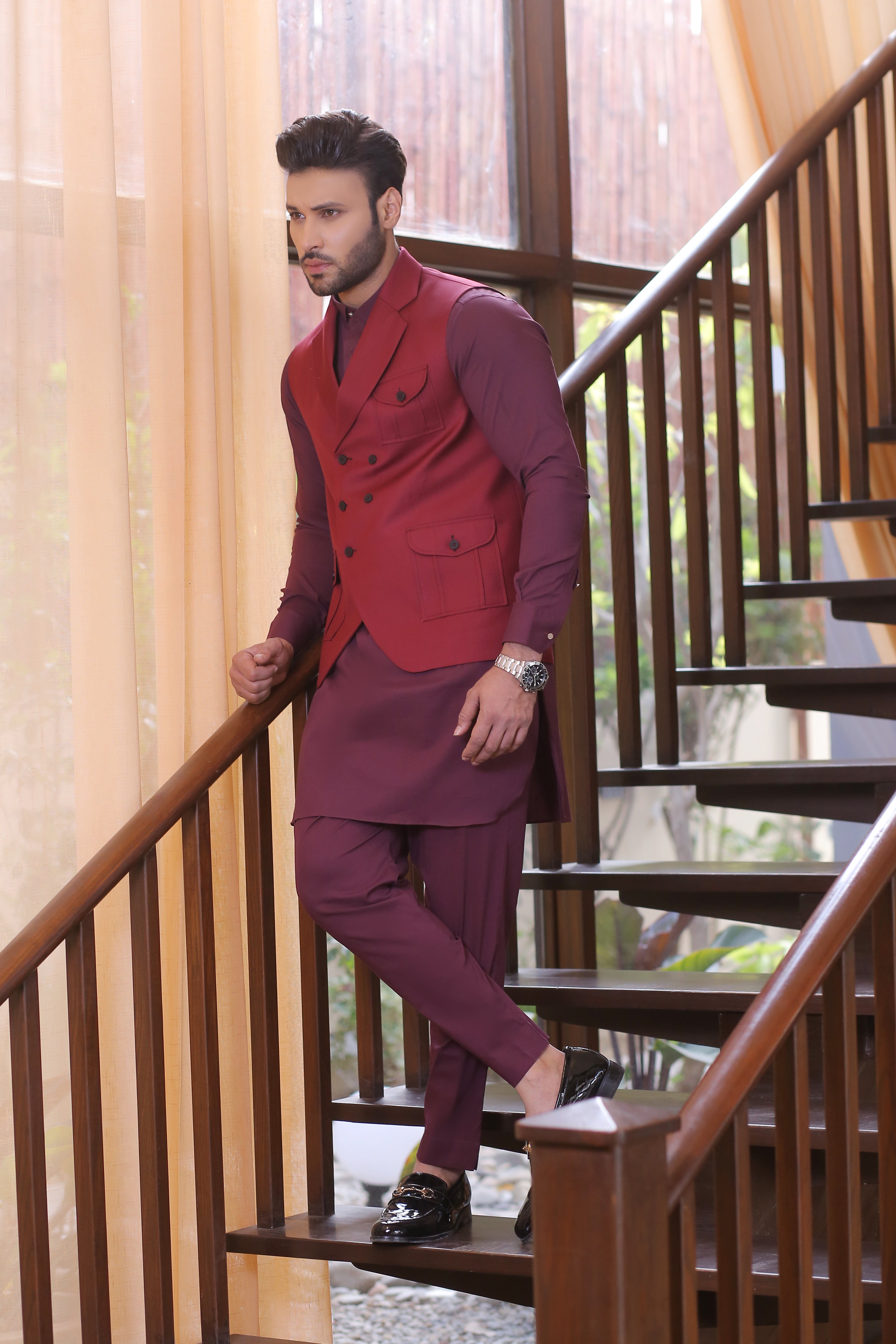Maroon Tailored Waistcoat Kurta Pajama (3-Piece) - Image 3