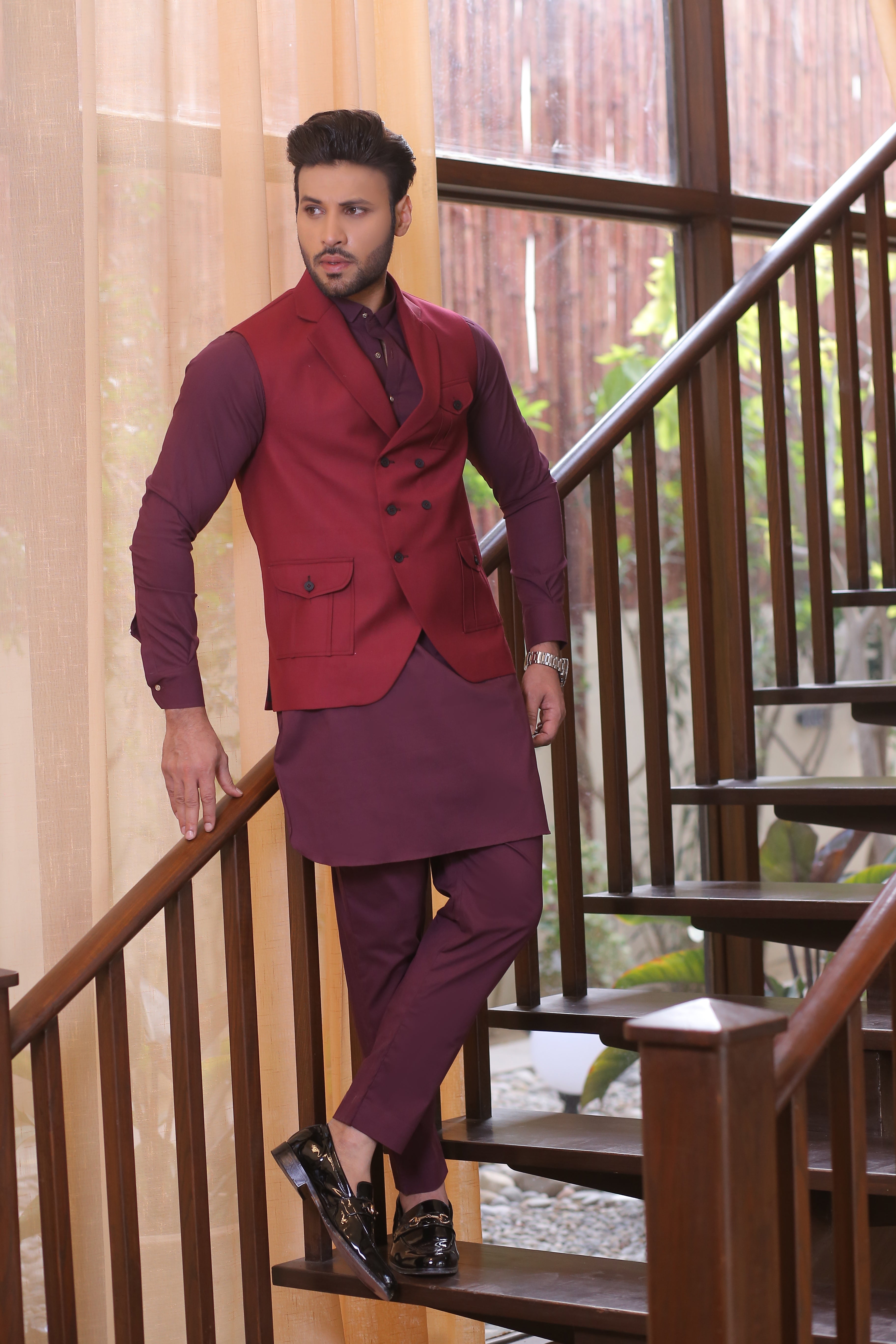 Maroon Tailored Waistcoat Kurta Pajama (3-Piece) - Image 4
