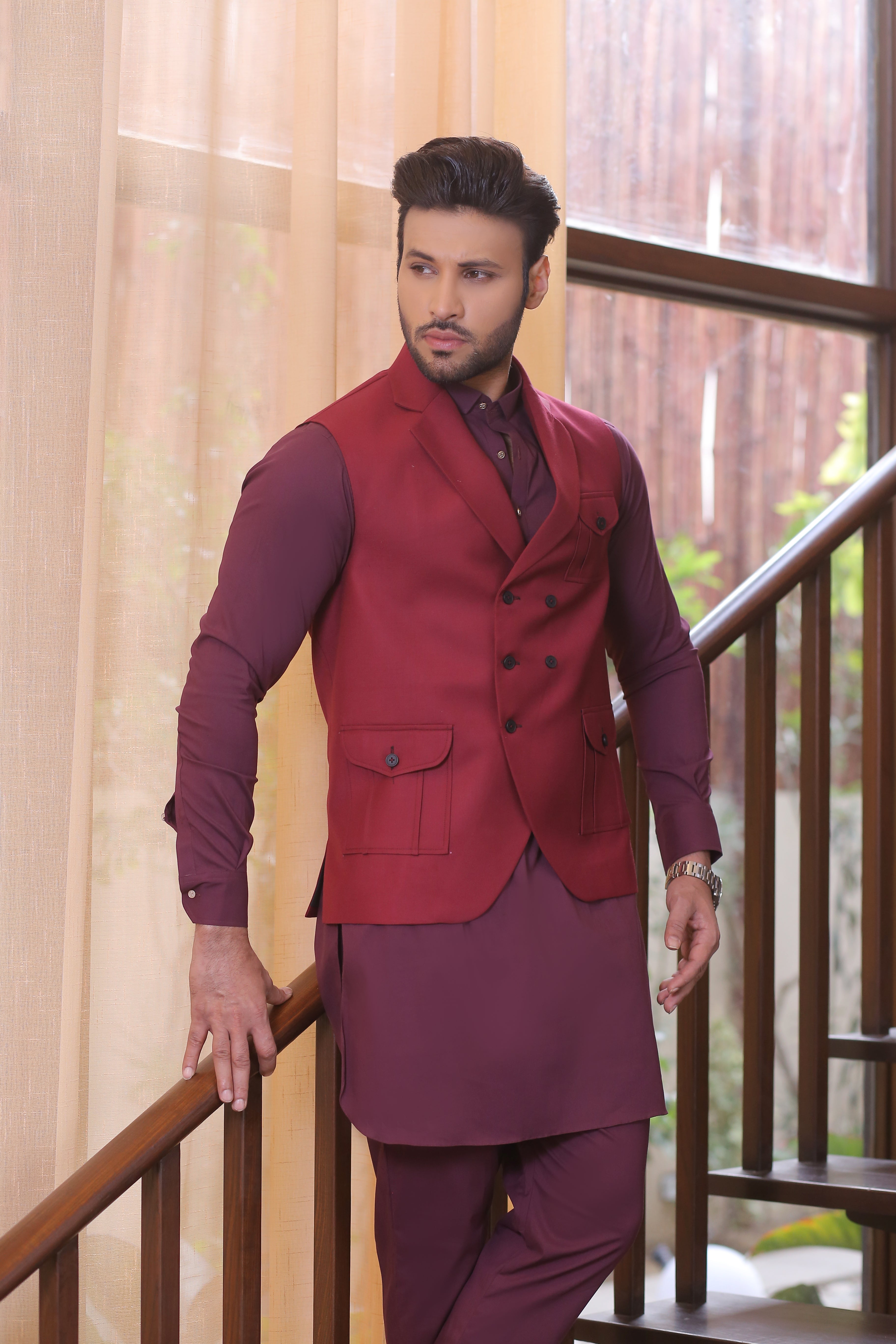 Maroon Tailored Waistcoat Kurta Pajama (3-Piece) - Image 5