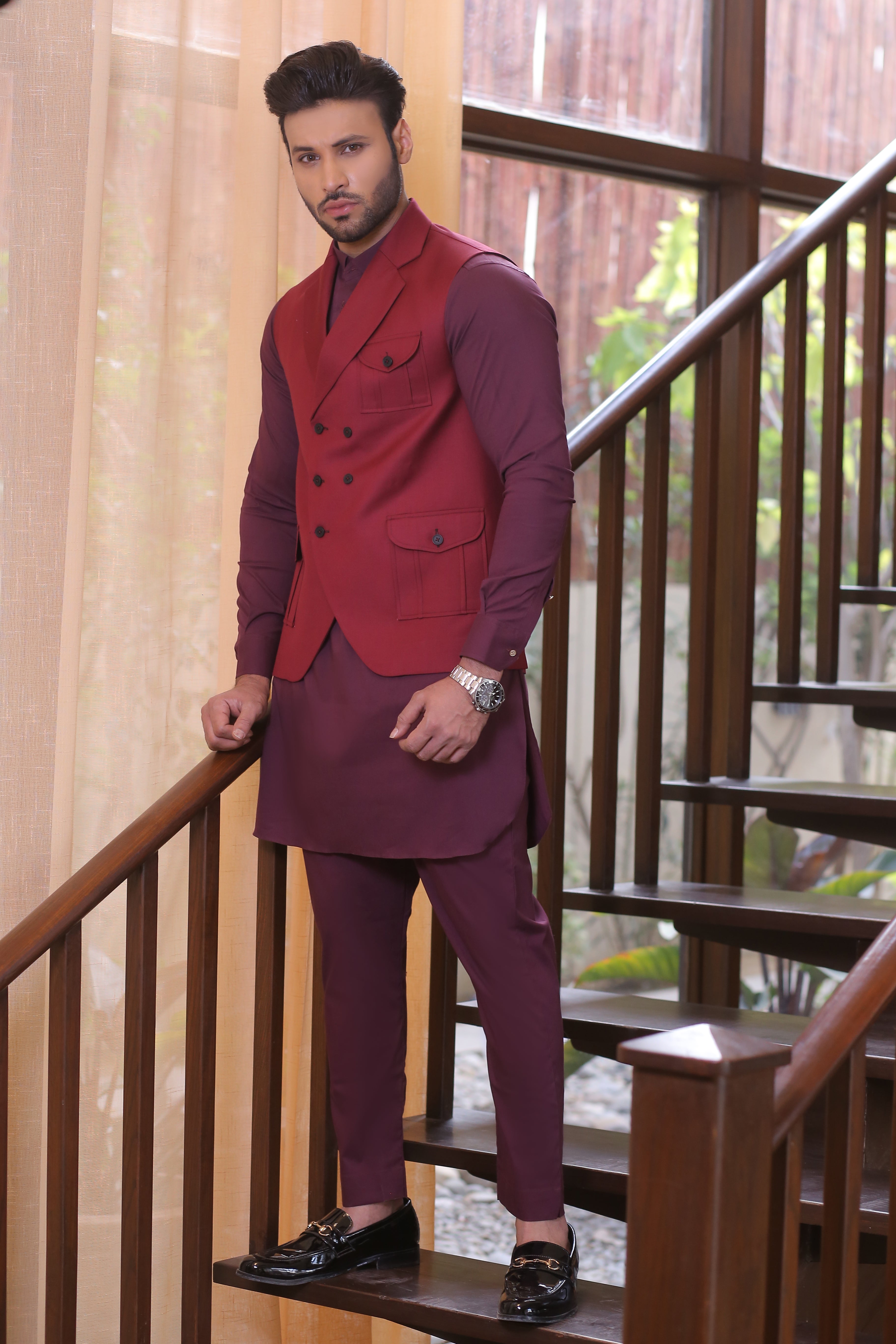 Maroon Tailored Waistcoat Kurta Pajama (3-Piece) - Image 6