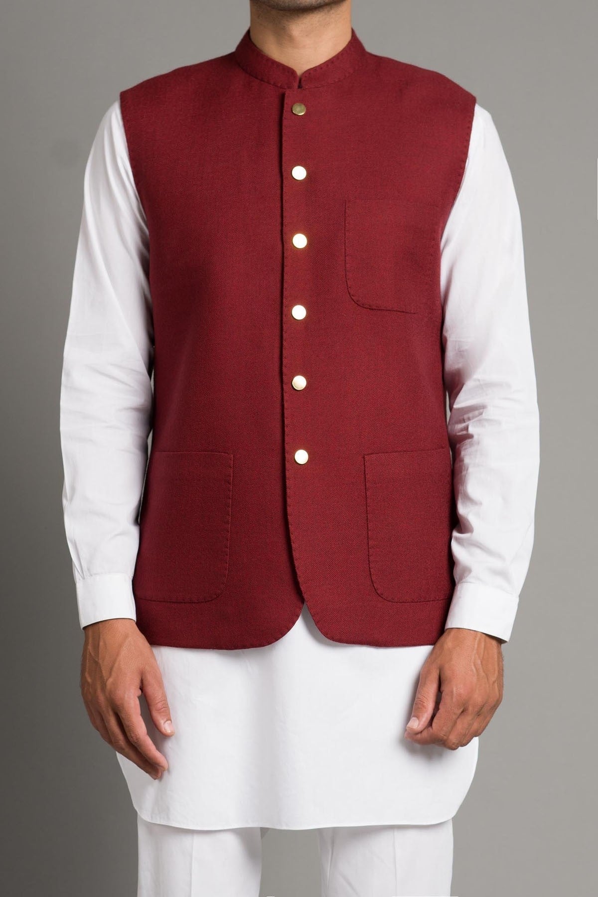 Maroon Pashmina Wool Waistcoat (3-Piece) - Image 1