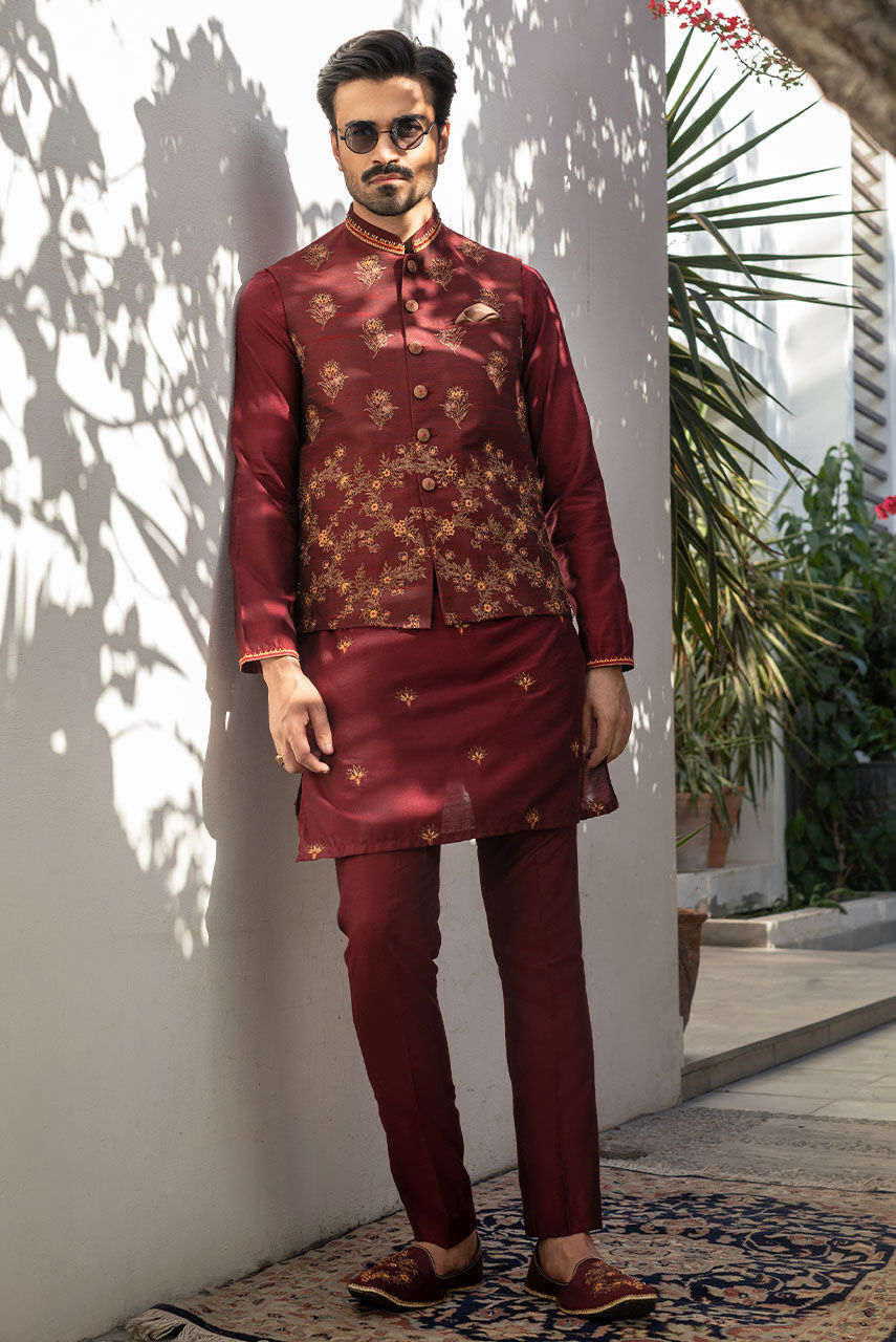 Maroon Embroidered Raw Silk Waistcoat Kurta (3-Piece) - Image 1
