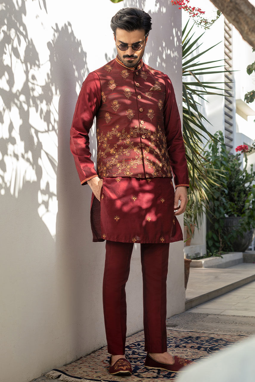 Maroon Embroidered Raw Silk Waistcoat Kurta (3-Piece) - Image 4