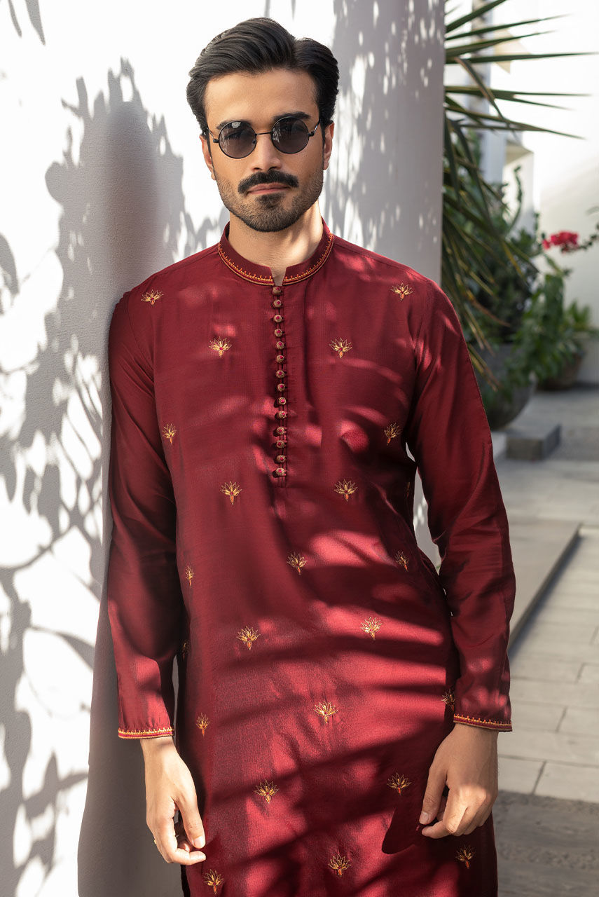 Maroon Embroidered Raw Silk Waistcoat Kurta (3-Piece) - Image 6