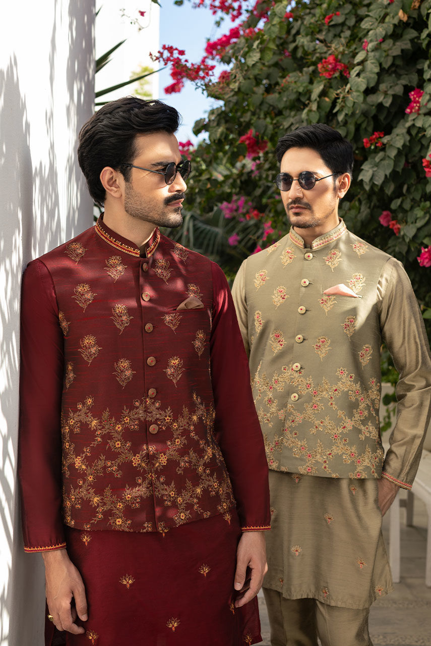 Maroon Embroidered Raw Silk Waistcoat Kurta (3-Piece) - Image 8