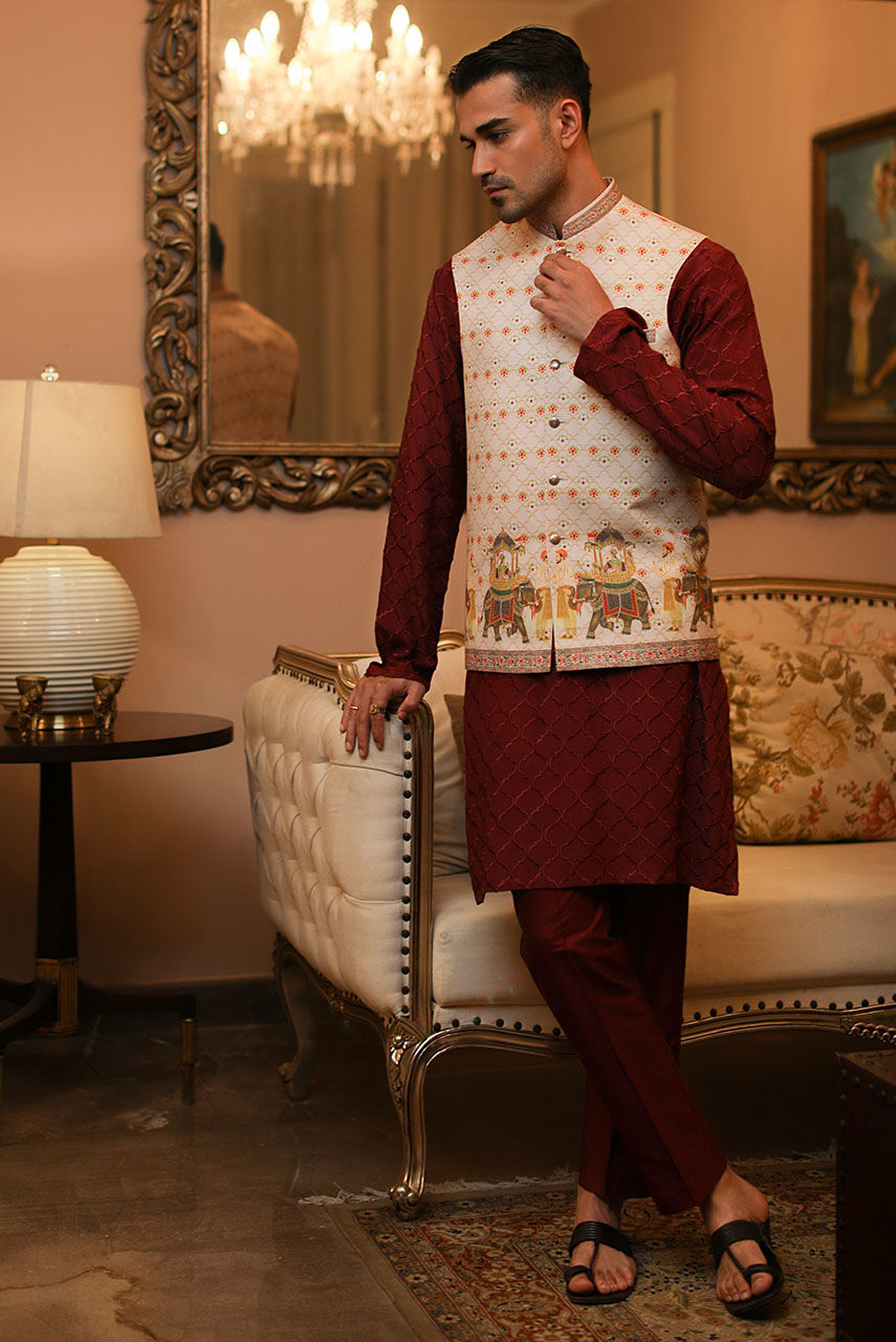 Maroon Embroidered Raw Silk Kurta Pajama (3-Piece) - Image 1