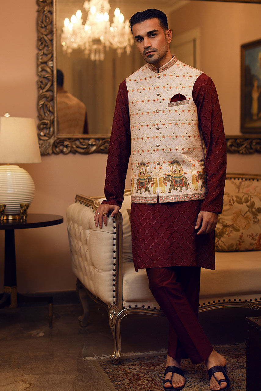 Maroon Embroidered Raw Silk Kurta Pajama (3-Piece) - Image 2