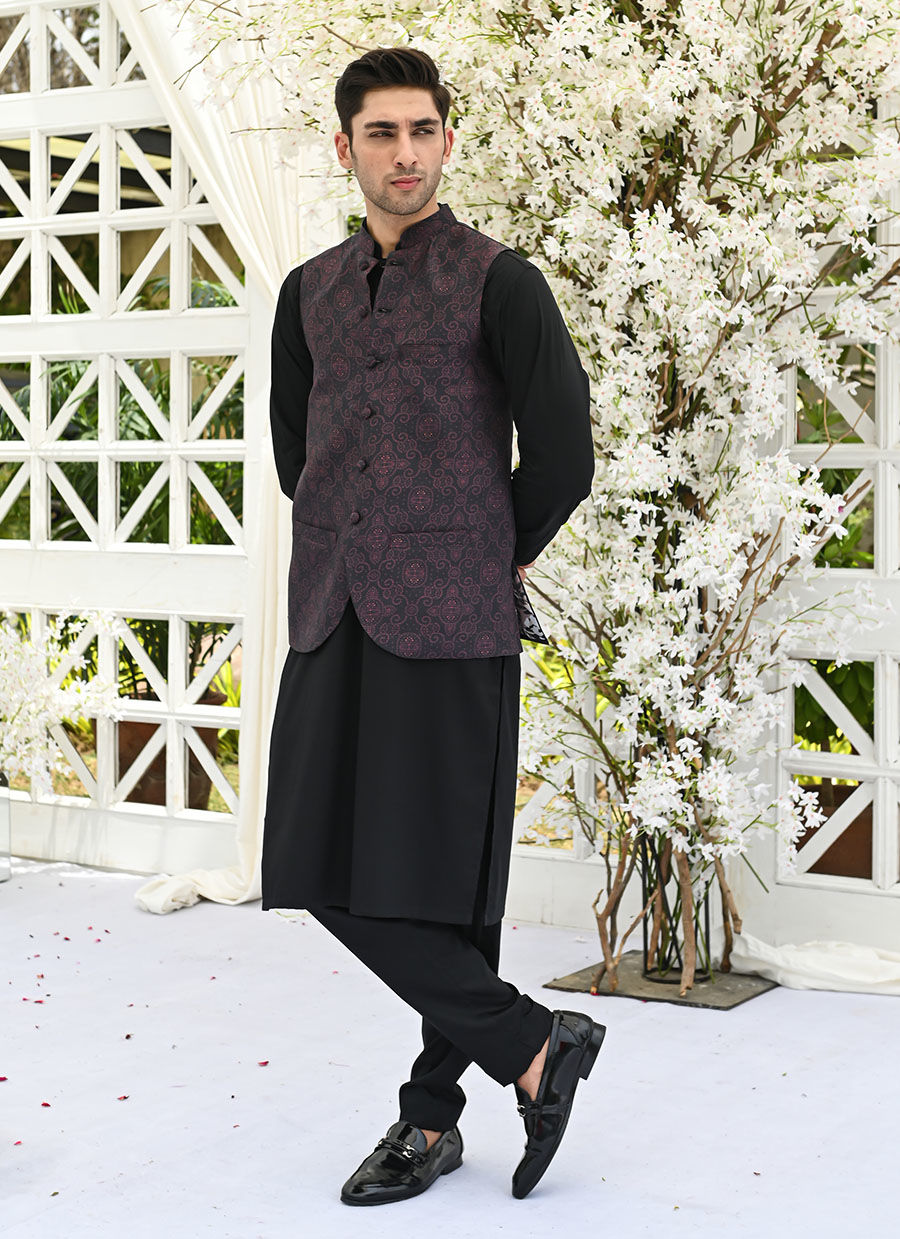 Maroon and Black Printed Raw Silk Waistcoat (3-Piece) - Image 1