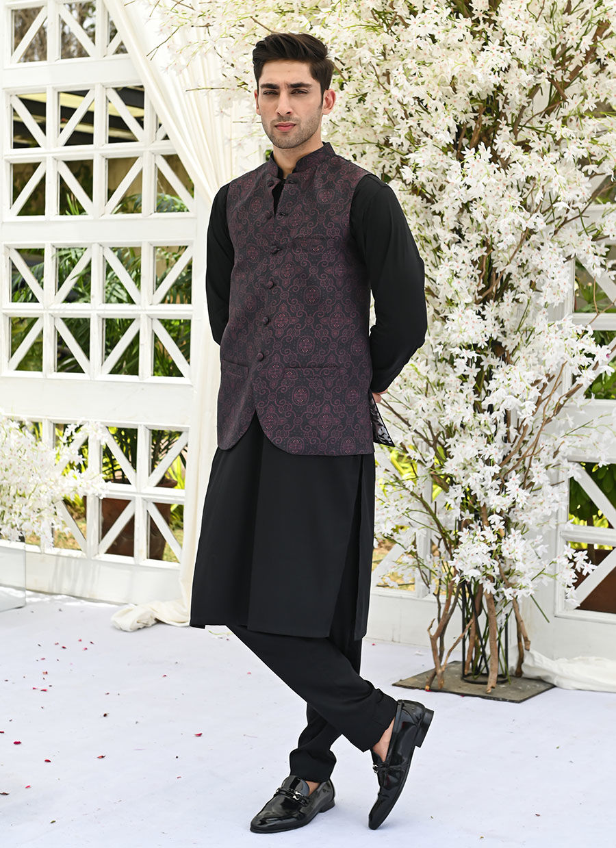 Maroon and Black Printed Raw Silk Waistcoat (3-Piece) - Image 2