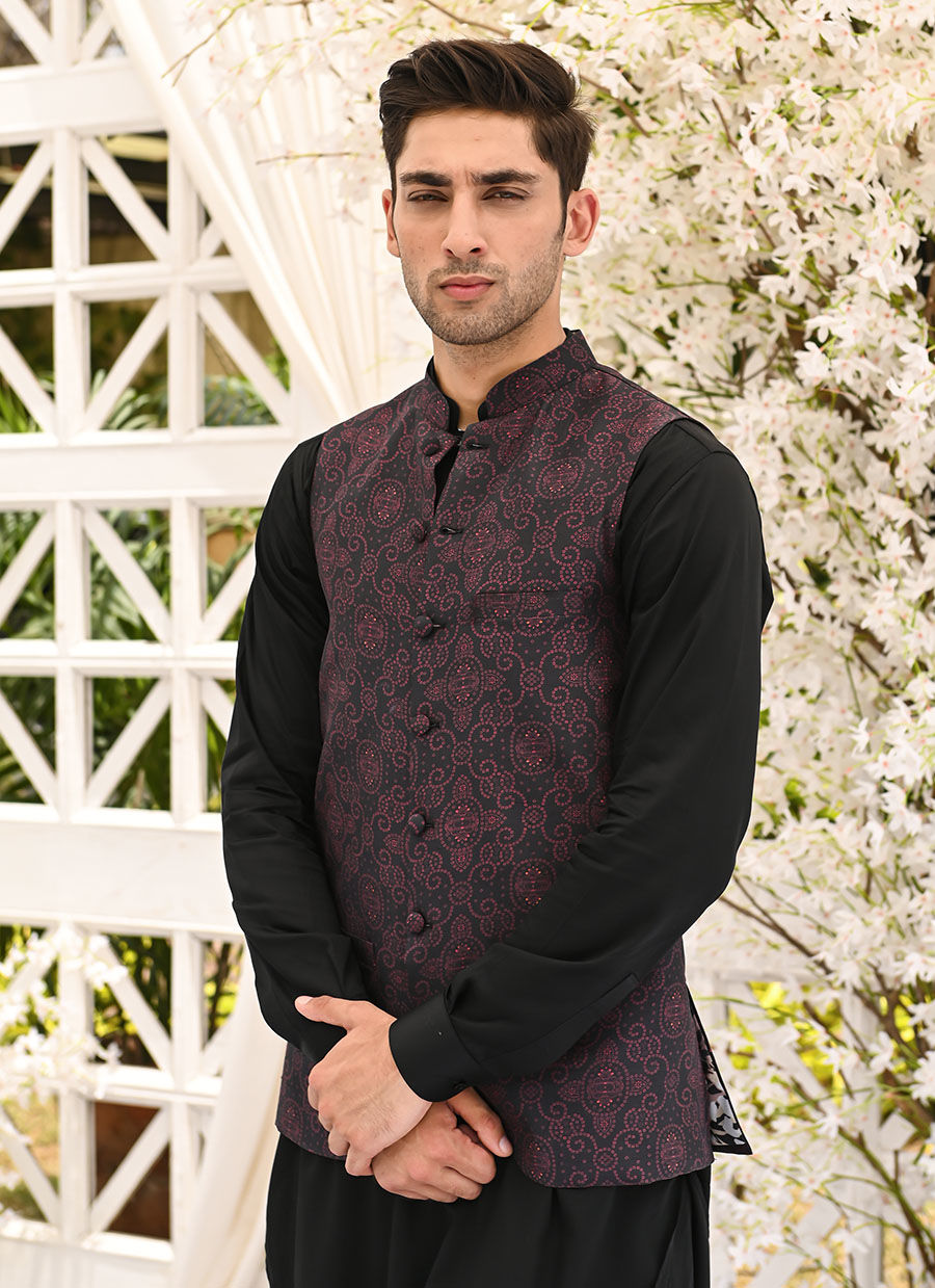 Maroon and Black Printed Raw Silk Waistcoat (3-Piece) - Image 3