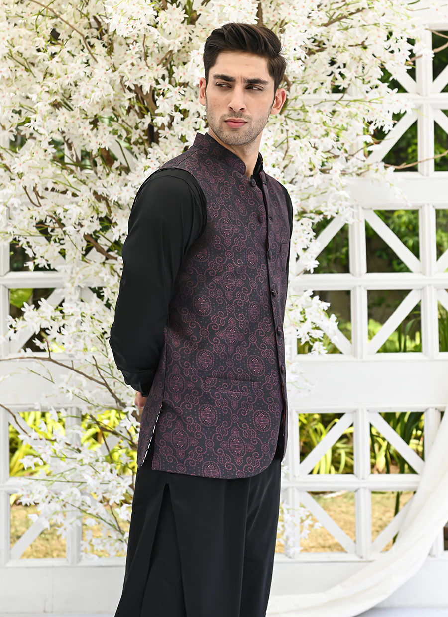 Maroon and Black Printed Raw Silk Waistcoat (3-Piece) - Image 4