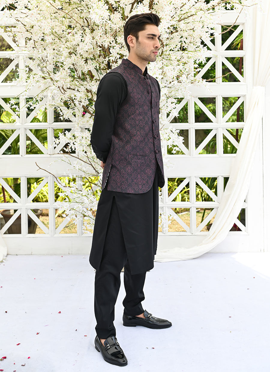 Maroon and Black Printed Raw Silk Waistcoat (3-Piece) - Image 5