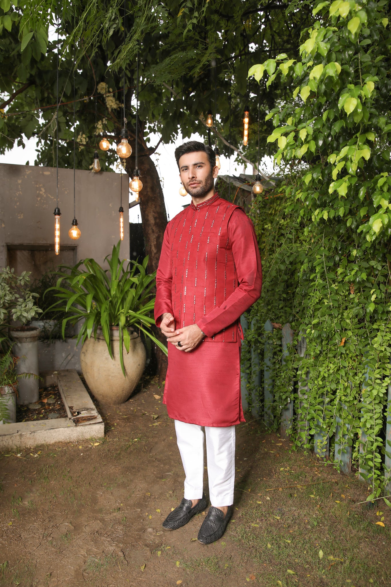 Maroon Panni Embroidered Raw Silk Waistcoat Kurta (3-Piece) - Image 1