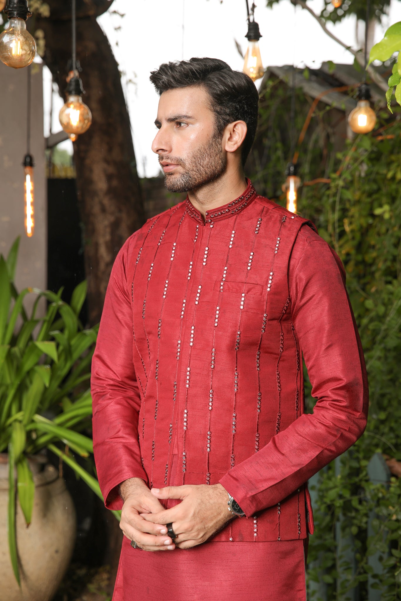 Maroon Panni Embroidered Raw Silk Waistcoat Kurta (3-Piece) - Image 5