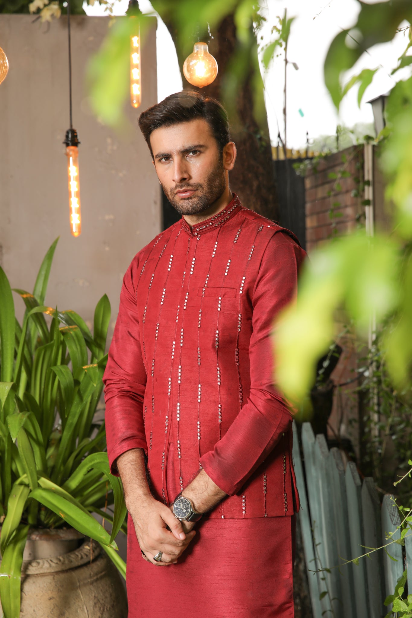 Maroon Panni Embroidered Raw Silk Waistcoat Kurta (3-Piece) - Image 6