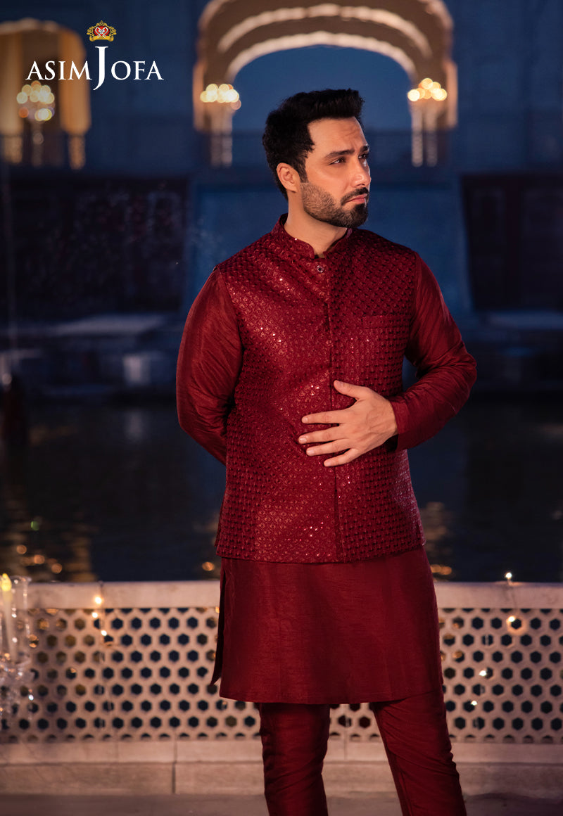 Maroon Embroidered Raw Silk Waistcoat Kurta (3-Piece) - Image 3