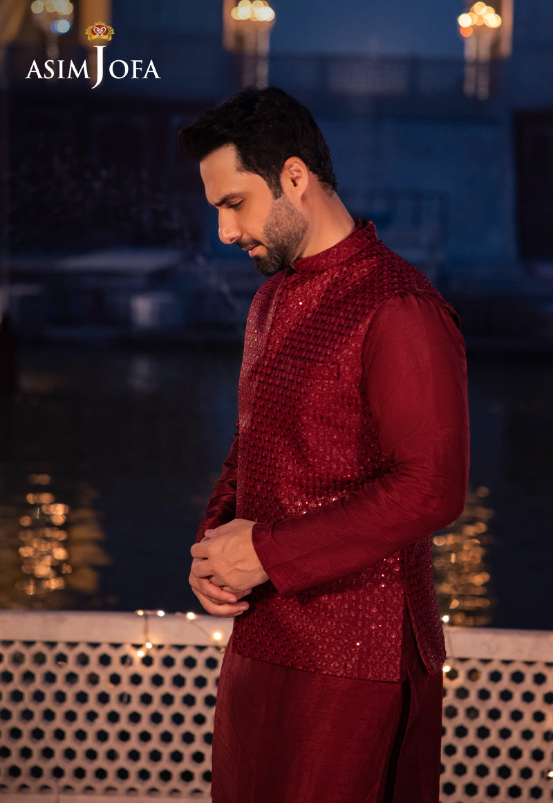 Maroon Embroidered Raw Silk Waistcoat Kurta (3-Piece) - Image 4