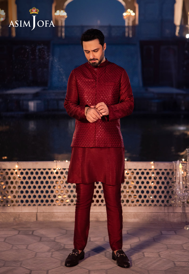Maroon Embroidered Raw Silk Waistcoat Kurta (3-Piece) - Image 5