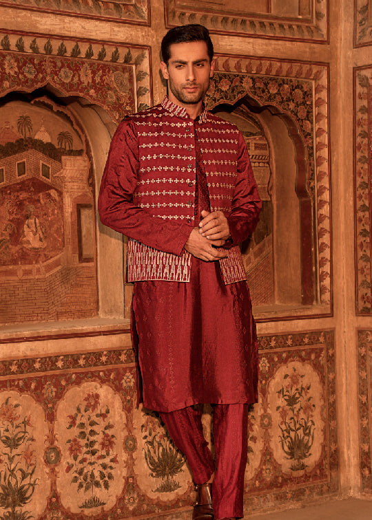 Deep Maroon Cross-Stitch Silk-Blend Waistcoat Kurta (3-Piece) - Image 1
