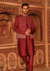 Deep Maroon Cross-Stitch Silk-Blend Waistcoat Kurta (3-Piece) - Image 2