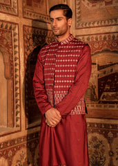 Deep Maroon Cross-Stitch Silk-Blend Waistcoat Kurta (3-Piece) - Image 3