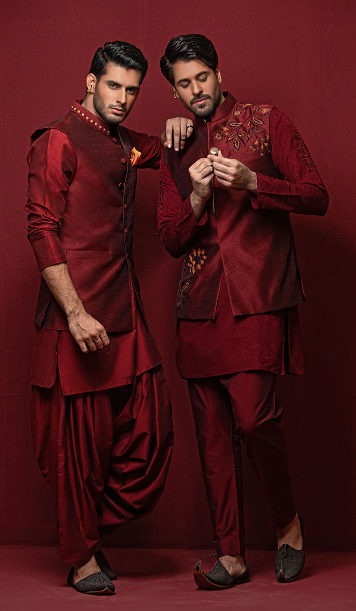 Maroon Embroidered Silk-Blend Waistcoat Kurta (3-Piece) - Image 1