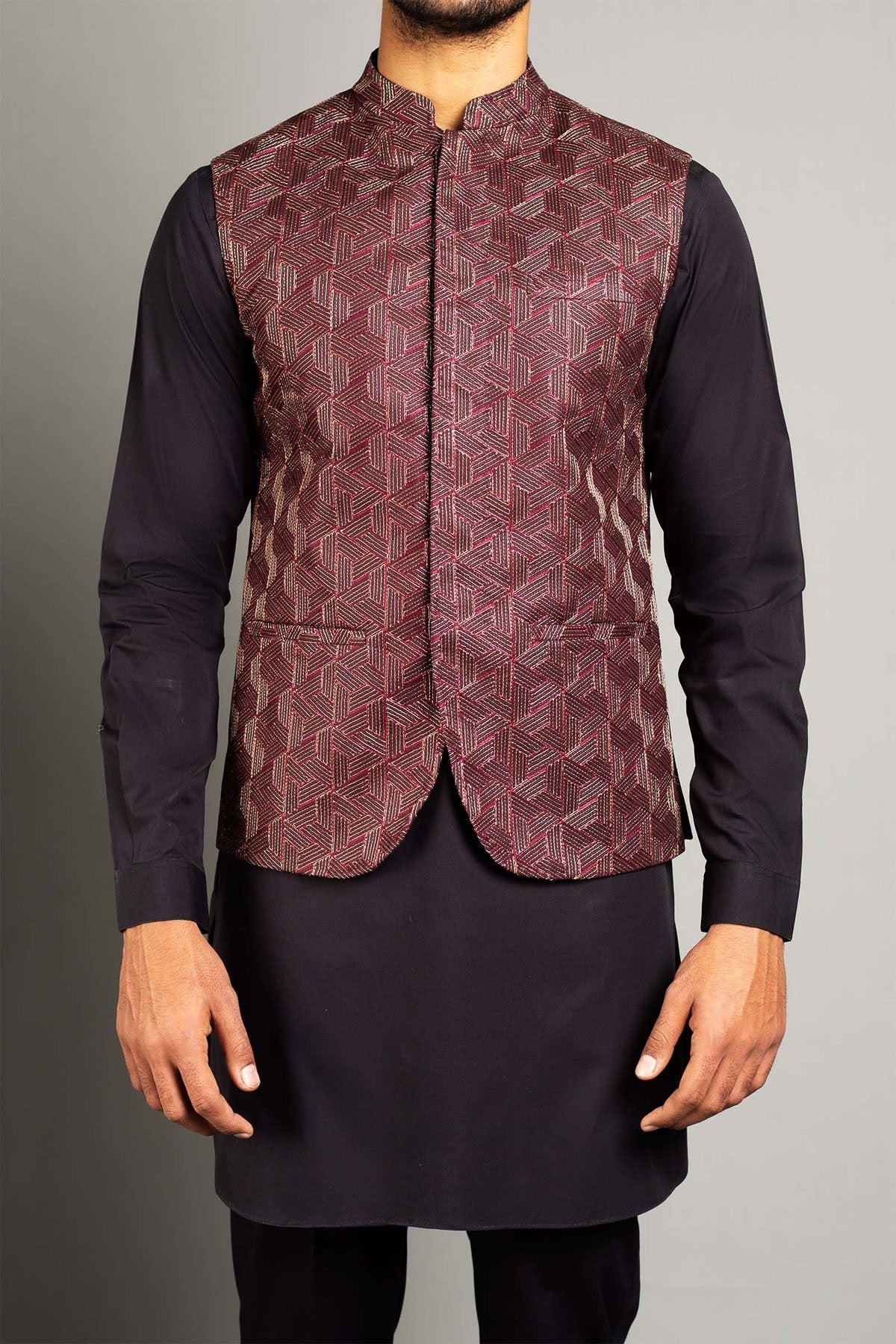 Maroon Geometric Embroidered Silk-Blend Waistcoat Kurta (3-Piece) - Image 1