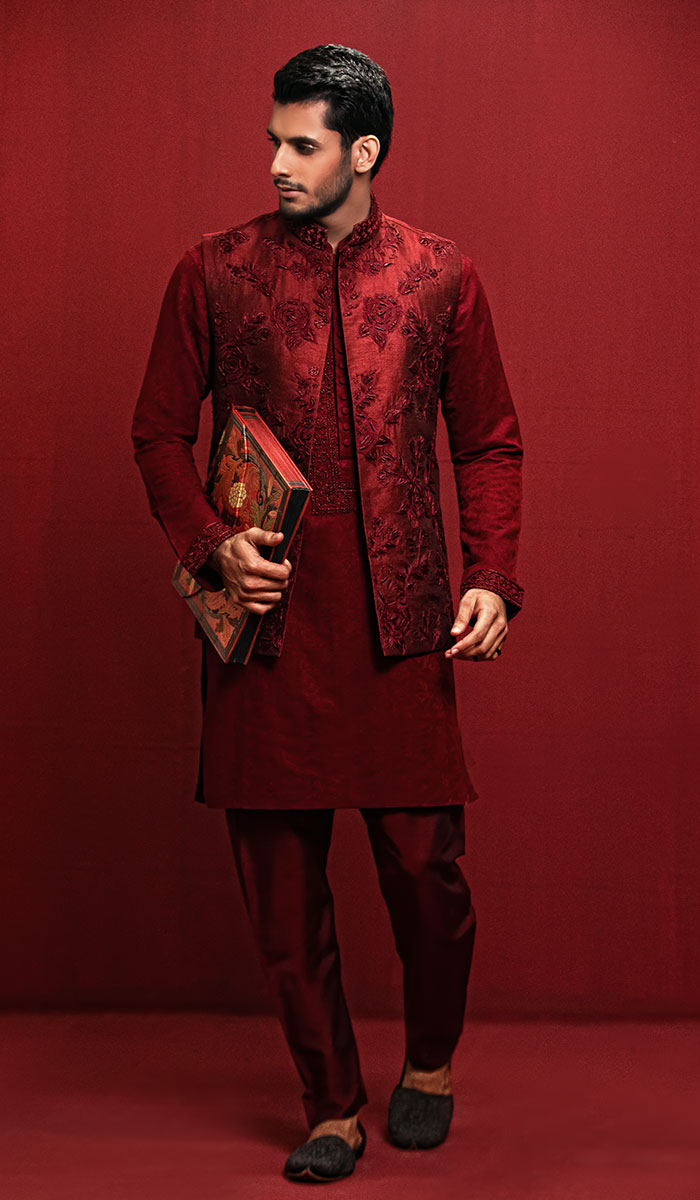 Bordeaux Maroon Embroidered Silk-Blend Waistcoat Kurta (3-Piece) - Image 1