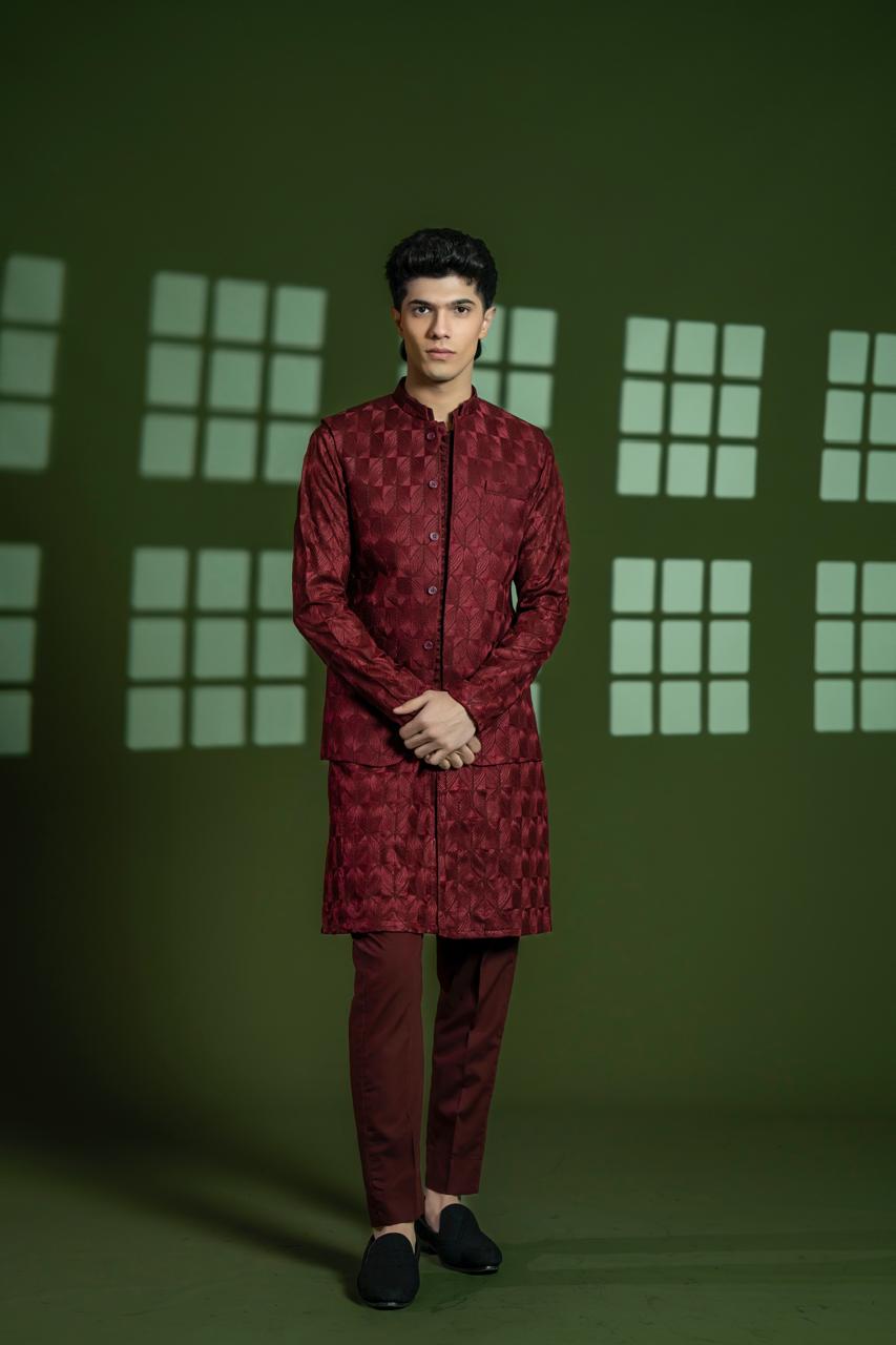Deep Maroon Textured Silk-Blend Waistcoat Kurta (3-Piece) - Image 1