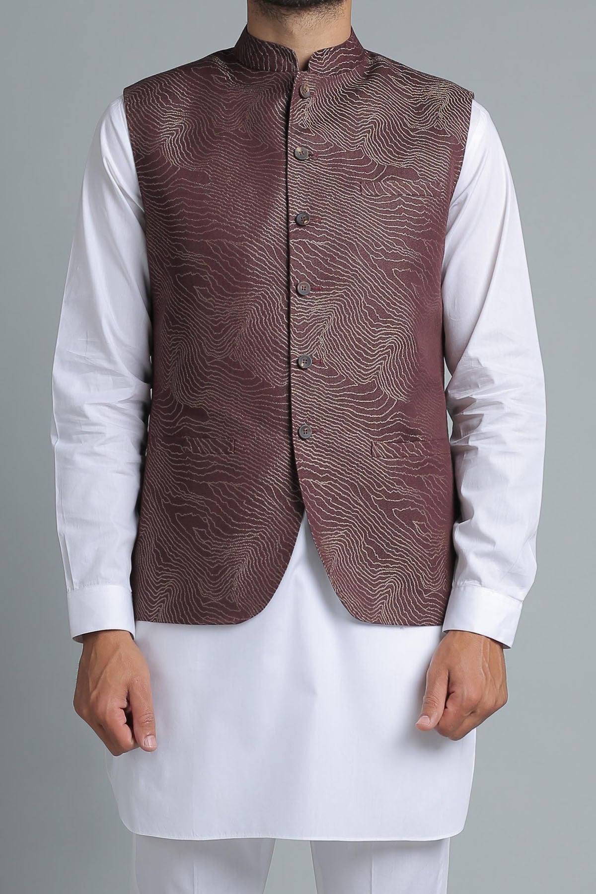 Maroon Embroidered Silk-Blend Waistcoat Kurta (3-Piece) - Image 1