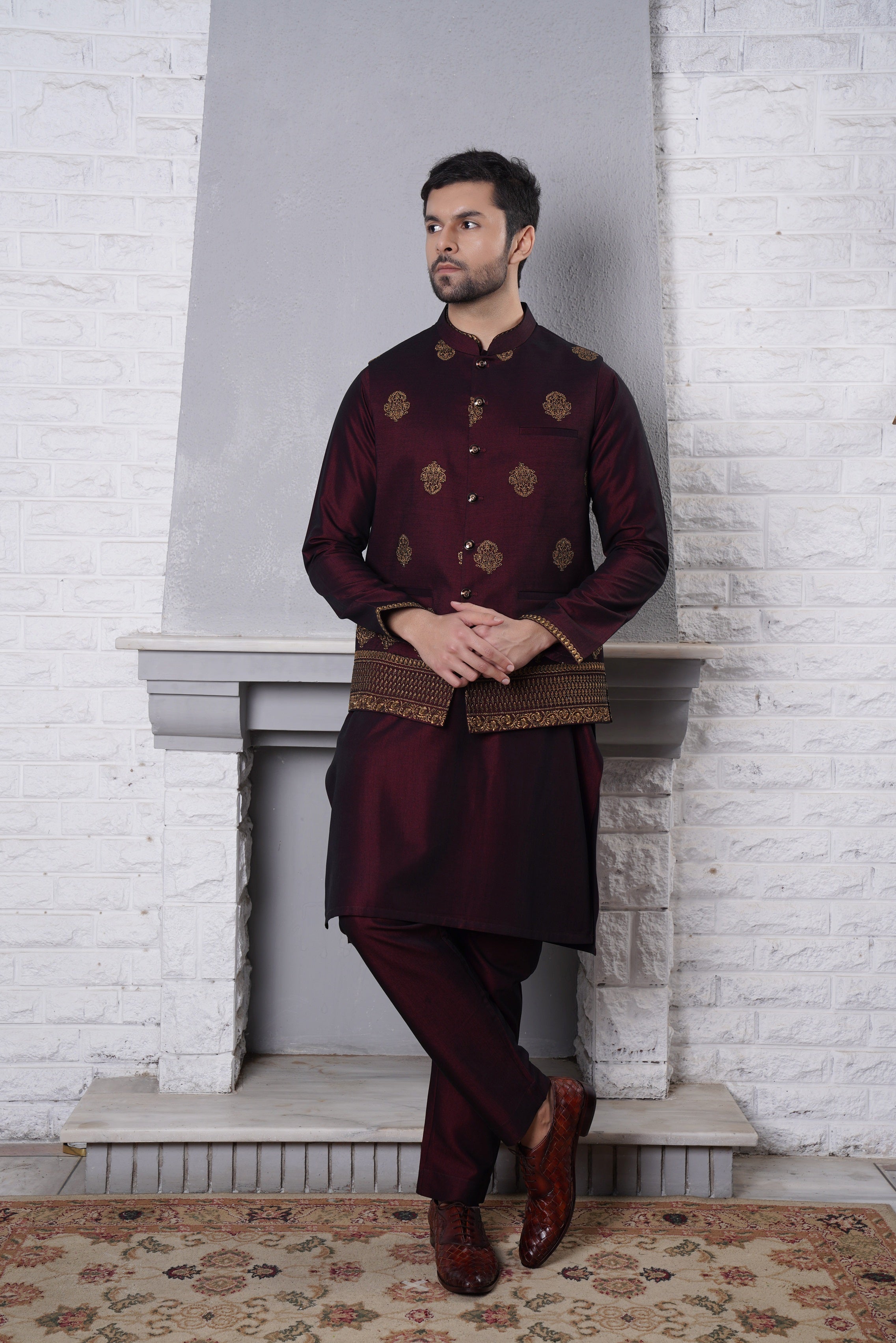 Maroon Embroidered Silk-Blend Waistcoat Kurta (3-Piece) - Image 1
