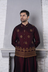 Maroon Embroidered Silk-Blend Waistcoat Kurta (3-Piece) - Image 3
