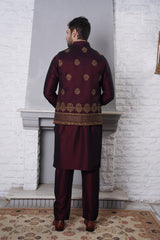Maroon Embroidered Silk-Blend Waistcoat Kurta (3-Piece) - Image 4