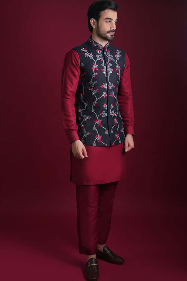 Deep Maroon Resham & Mirror Work Waistcoat Kurta (3-Piece) - Image 1