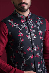 Deep Maroon Resham & Mirror Work Waistcoat Kurta (3-Piece) - Image 3