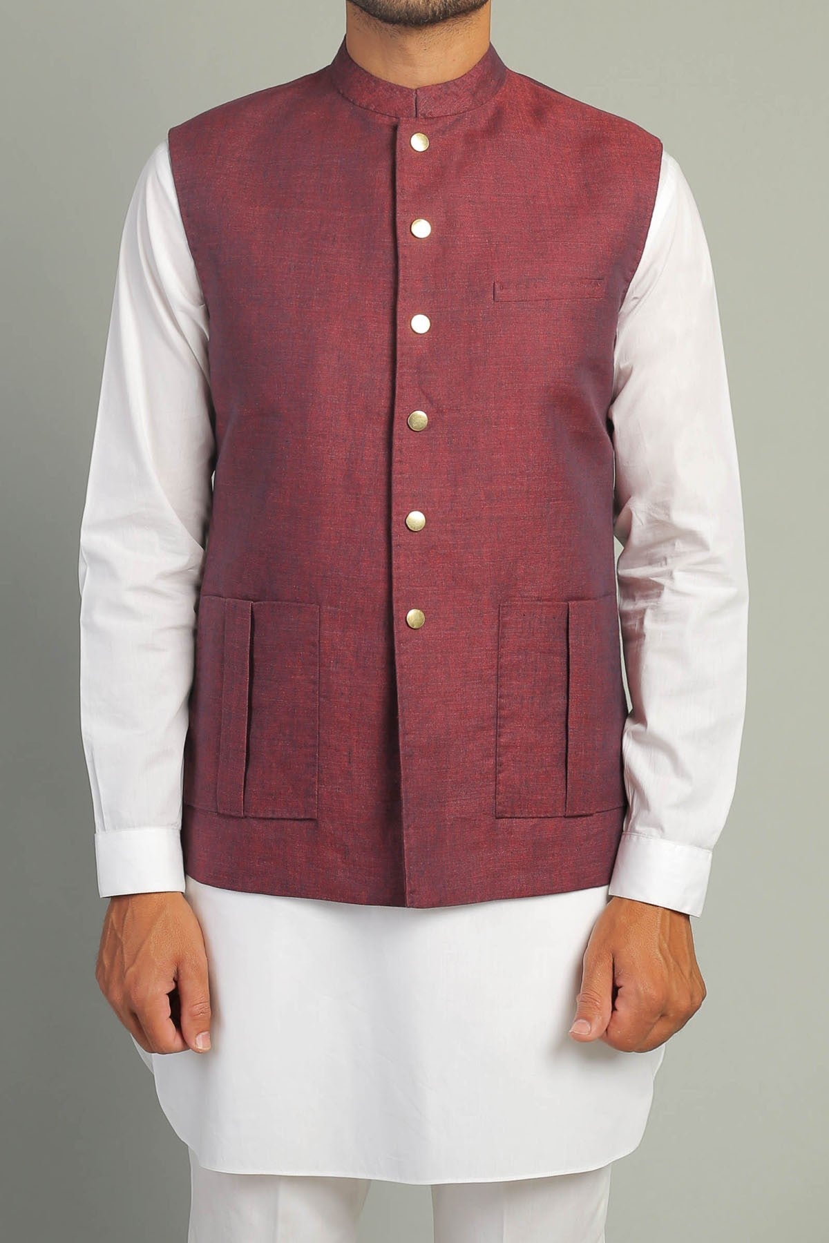 Maroon Solbiati Linen Waistcoat Kurta Set (3-Piece) - Image 1